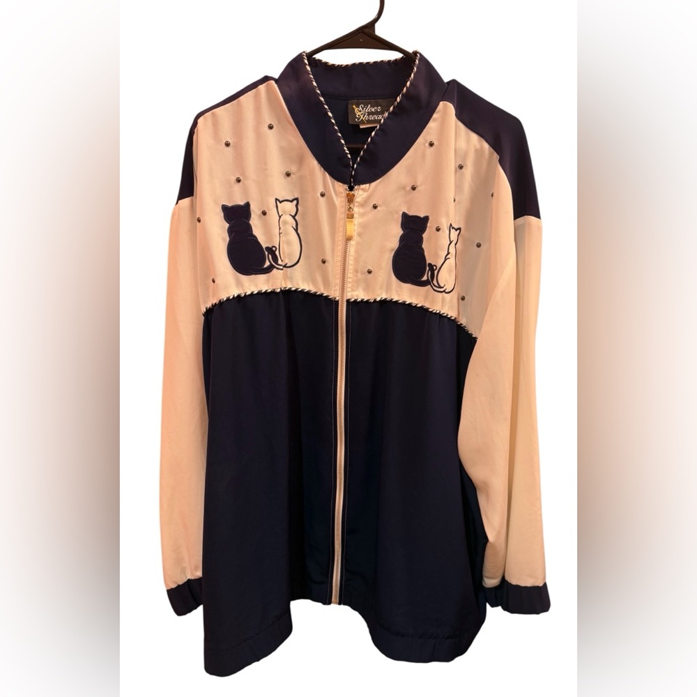 Vintage Cat Embroidered Zip-Front Jacket - Navy & Cream